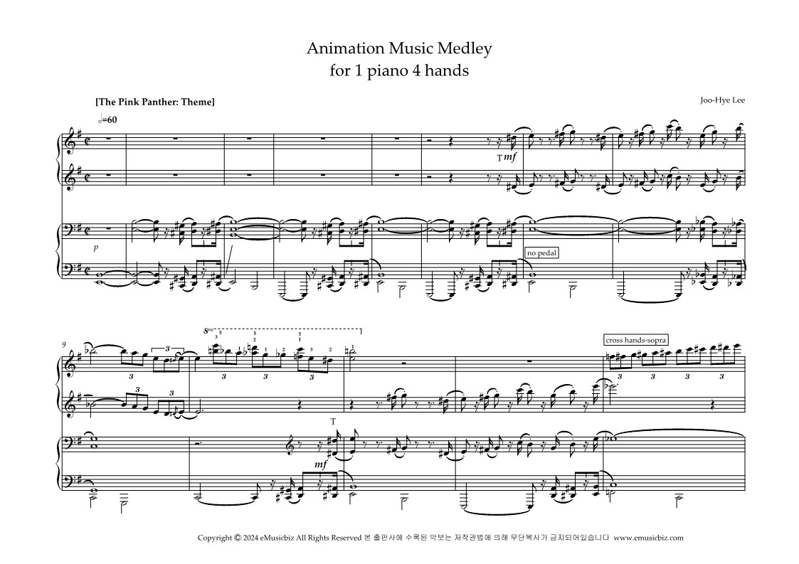 Animation Music Medley for 1 piano 4 hands